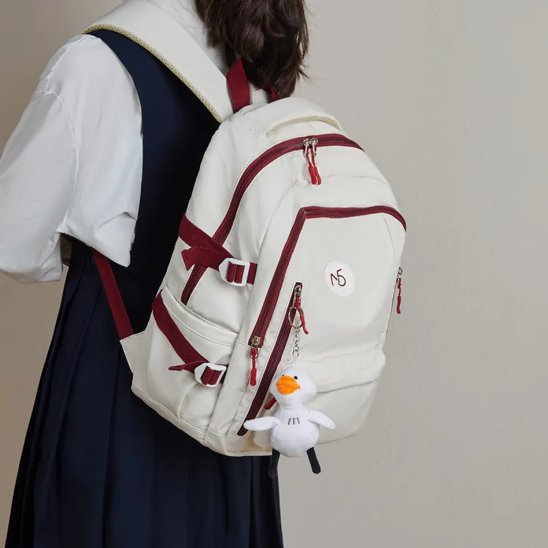 15 MINS Fabric With Synthetic Leather Laptop Bag Travel Bag Large Size Women's Ecru & Red-4