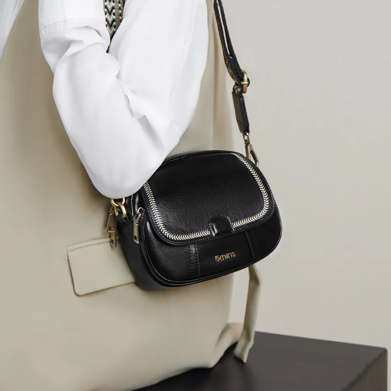 15 MINS Cow Leather With Synthetic Leather Small Round Bag, Crossbody Bag, Shoulder Bag Women's Night Black-2