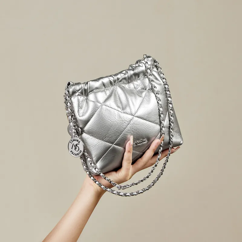 15 MINS Synthetic Leather Bucket Bag Chain Shoulder Bag Regular Women's Space Silver/Ecru/Midnight Black-2