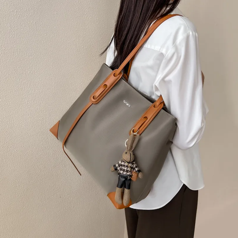15 MINS Fabric Mom Bag Tote Bag Shoulder Bag Large Size Women's Khaki Brown/Black-1