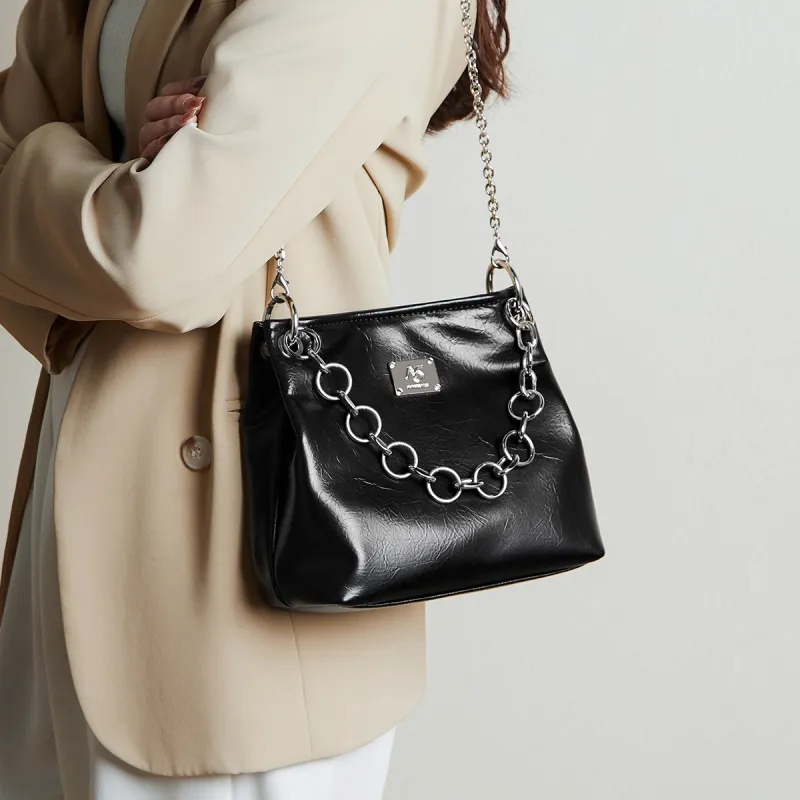 15 MINS Cow Leather Handbag Shoulder Bag Crossbody Bag Small Size Women's Midnight Black/Silver-4