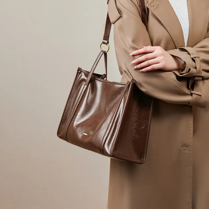 15 MINS Synthetic Leather Tote Bag Shoulder Bag Women's Coffee/Ecru-2