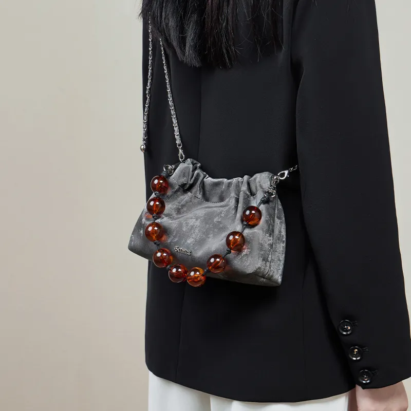 15 MINS Cow Leather Cloud Bag, Shoulder Bag, Crossbody Bag Trumpets Women's Graphite Black/Milkshake White/Olive Green-7