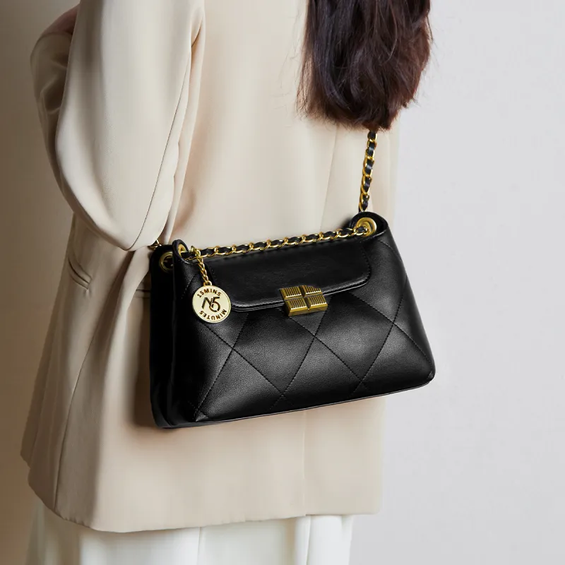 15 MINS Cow Leather Soft Leather Shoulder Bag Crossbody Bag Shoulder Bag Women's Black-3