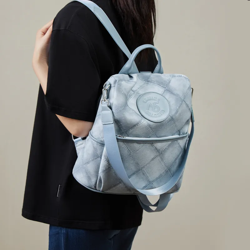 15 MINS Synthetic Leather Backpack Large Size Women's Dusty Pink/Denim Blue-6