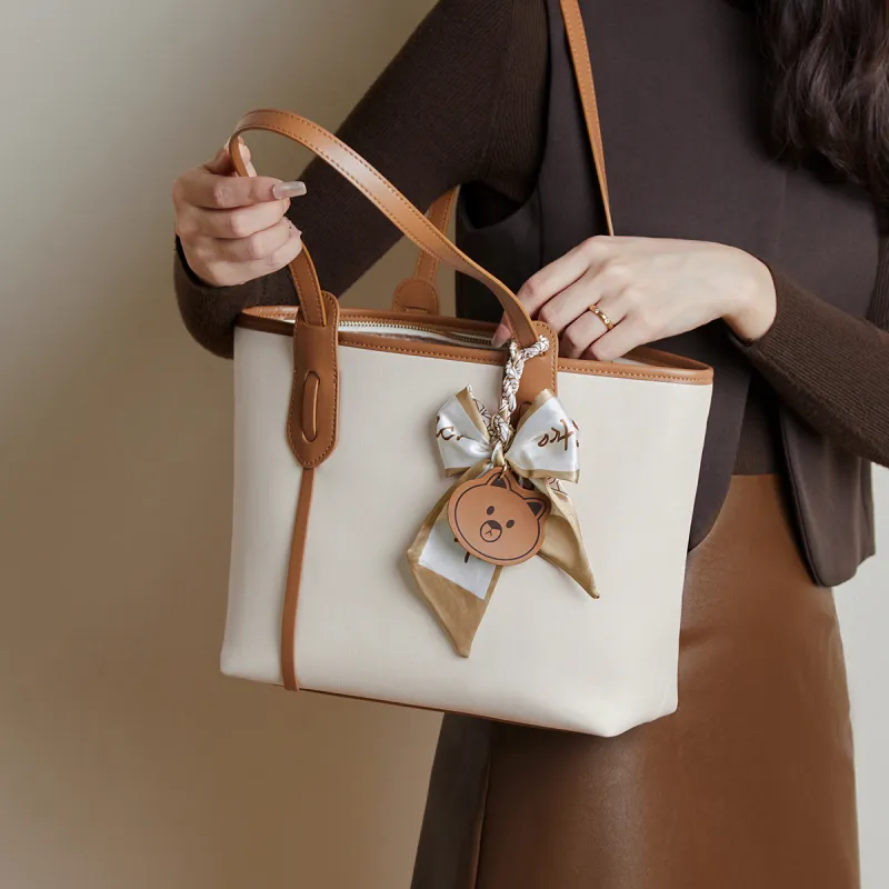 15 MINS Genuine Leather Tote Bag Shopping Bag Handbag Shoulder Bag Large Size Women's Cheese White/Honey Tea Brown-8
