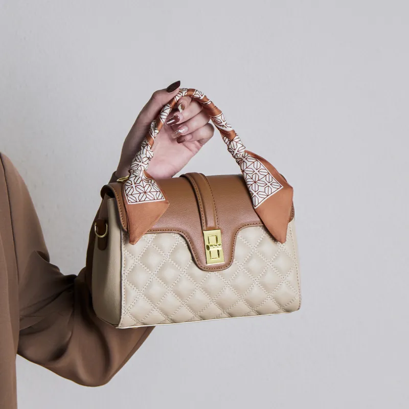 15 MINS Cow Leather With Synthetic Leather Handbag, Shoulder Bag, Crossbody Bag Regular Women's Cream Apricot & Brown-4
