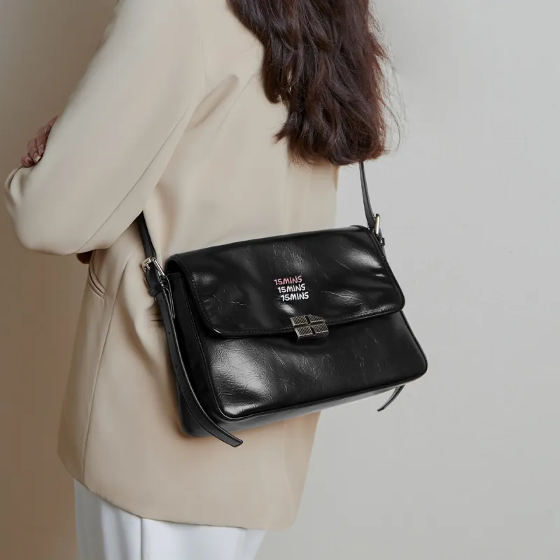15 MINS Synthetic Leather Tote Bag Elegance Fashion Advanced Feminine Crossbody Bag Shoulder Bag Women's Black-2