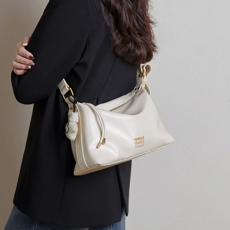 15 MINS Synthetic Leather Shoulder Bag Crossbody Bag Medium Size Women's Macaron Beige/Midnight Black/Ecru-11