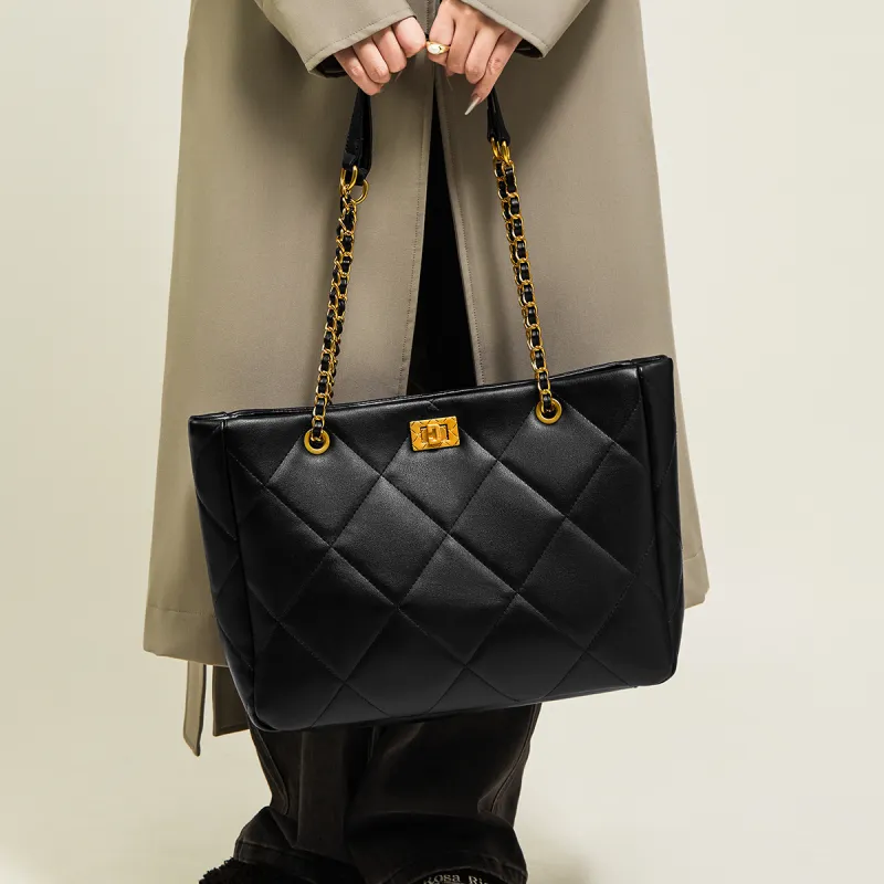 15 MINS Cow Leather Patchwork Synthetic Leather Tote Bag Shopping Bag Shoulder Bags Regular Women's Midnight Black-1