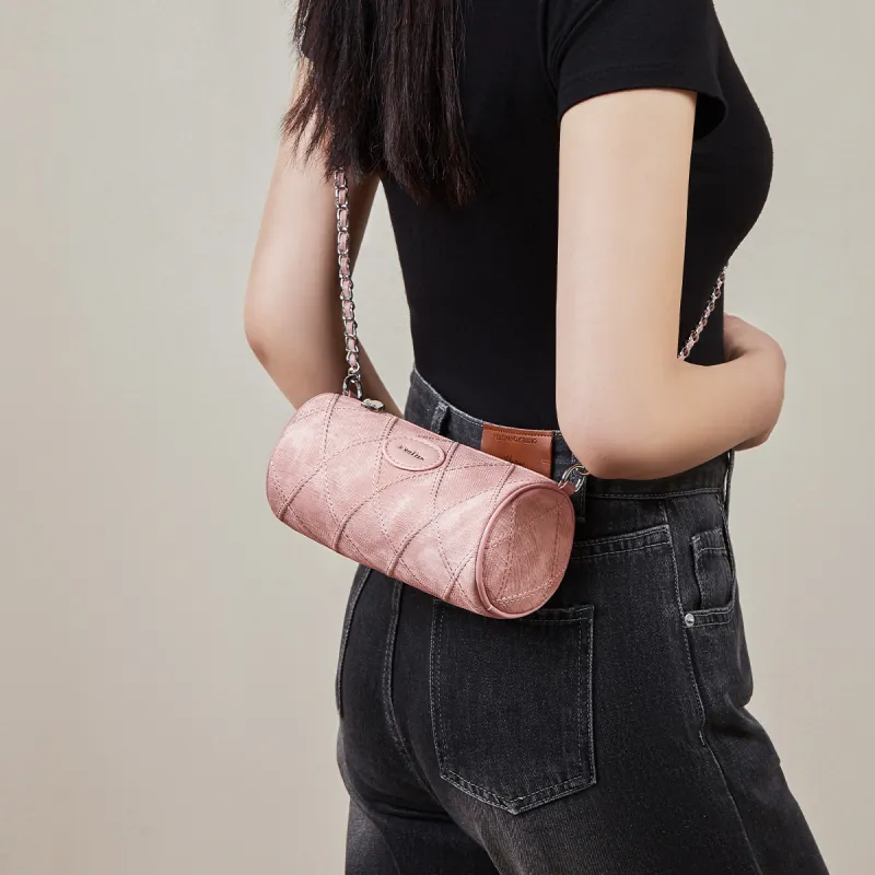 15 MINS Synthetic Leather Cylinder Bag Shoulder Bag Regular Women's Denim Blue/Dusty Pink-4