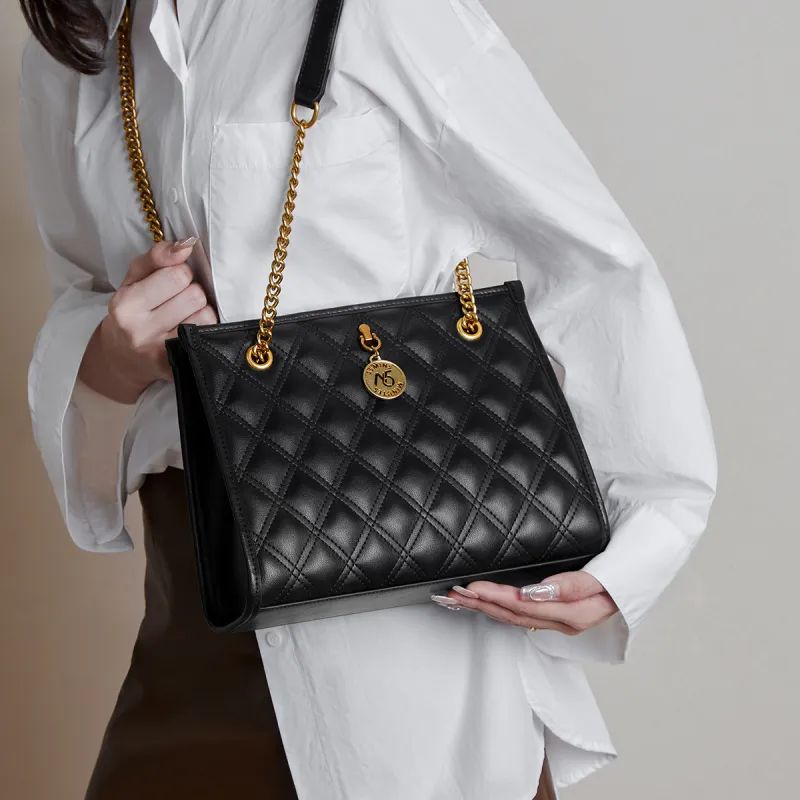 15 MINS Cow Leather Crossbody Bags Shoulder Bags Medium Size Women's Midnight Black/Ecru-3