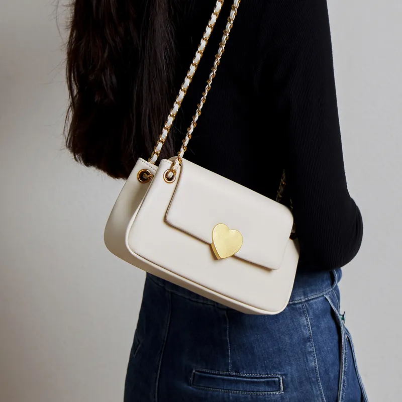 15 MINS Cow Leather Heart Shaped Shoulder Bag Crossbody Bag Small Size Women's Ecru/Midnight Black/Caramel Brown-1
