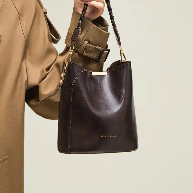 15 MINS Synthetic Leather Bucket Bag, Shoulder Bag, Crossbody Bag Regular Women's Coffee/Black-3