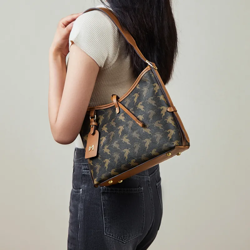 15 MINS Synthetic Leather Shoulder Bag Tote Bag Handbag Medium Size Women's Coffee/Ecru-2