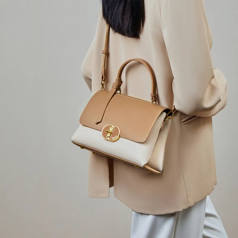 15 MINS Cow Leather Handbag Women's Ecru & Apricot/Coffee-4