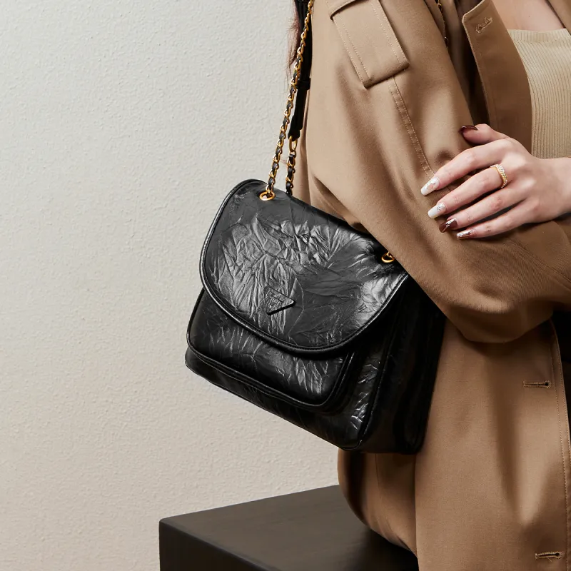 15 MINS Cow Split Leather Synthetic Leather Shoulder Bag Crossbody Bag Large Size Women's Midnight Black/Chestnut Brown-3