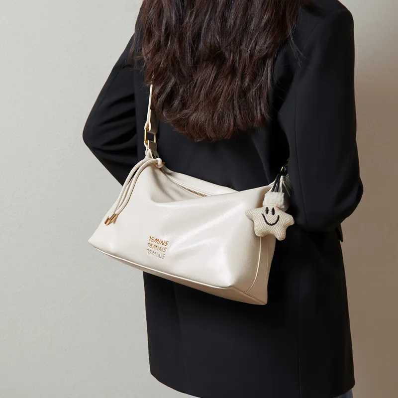 15 MINS Synthetic Leather Shoulder Bag Crossbody Bag Medium Size Women's Macaron Beige/Midnight Black/Ecru-13