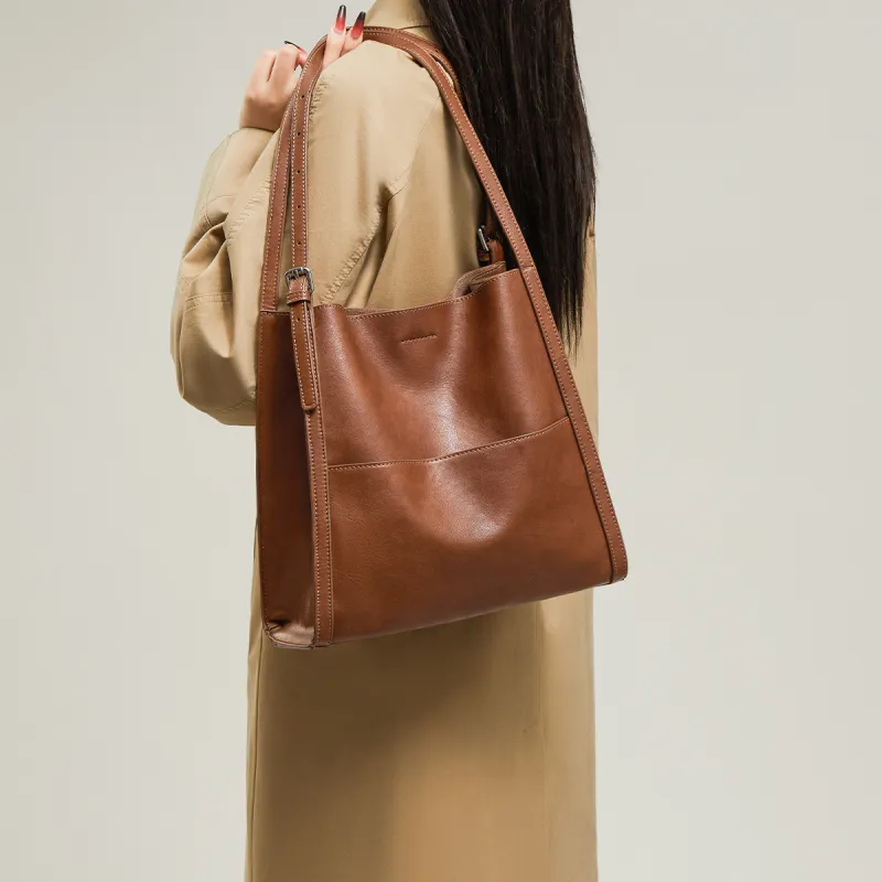 15 MINS Synthetic Leather Tote Shoulder Bag Regular Women's Vegetable Tanned Brown-2