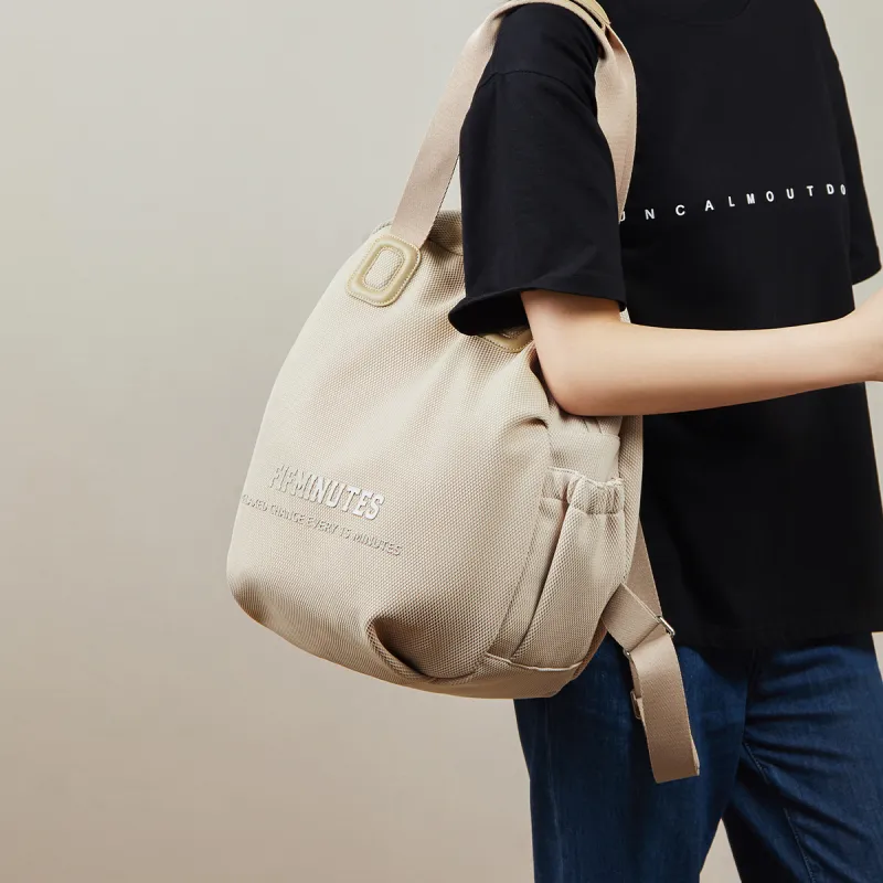 15 MINS Polyester With Synthetic Leather One Shoulder Portable Backpack Unisex Midnight Black/Khaki-7