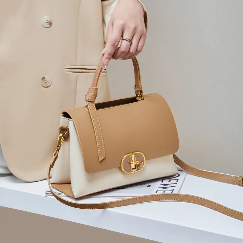 15 MINS Cow Leather Handbag Women's Ecru & Apricot/Coffee-2