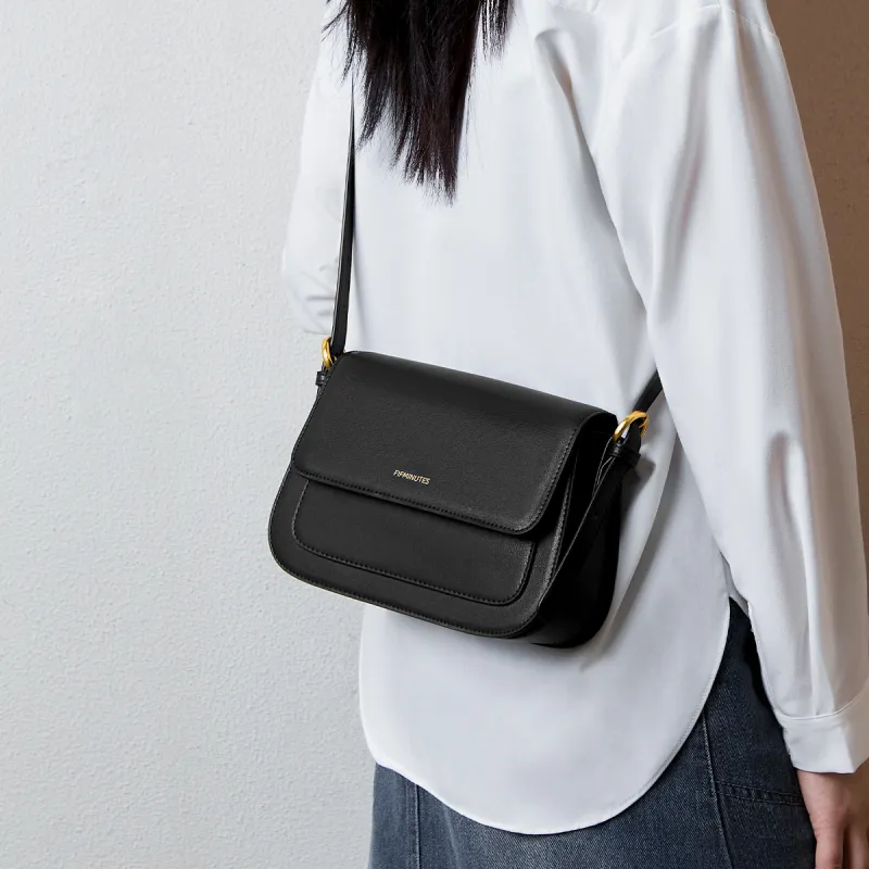 15 MINS Cow Leather Patchwork Synthetic Leather Crossbody Bag Women's Ecru/Midnight Black/Caramel Brown-6