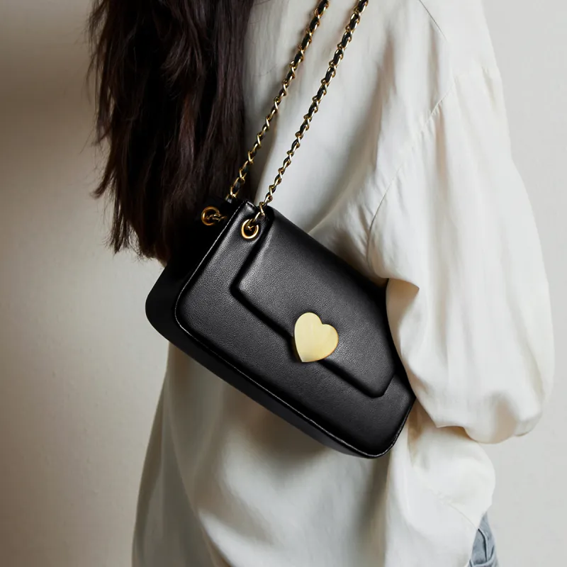15 MINS Cow Leather Heart Shaped Shoulder Bag Crossbody Bag Small Size Women's Ecru/Midnight Black/Caramel Brown-7
