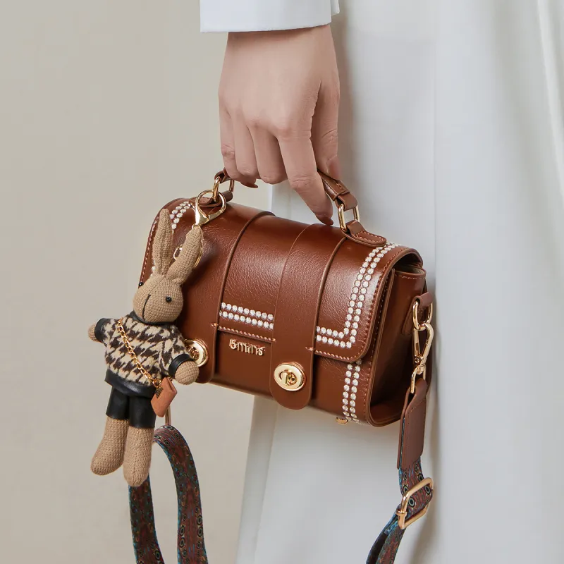 15 MINS Cow Leather Crossbody Bag Handbag Shoulder Bag Small Size Women's Caramel Brown/Night Black-3