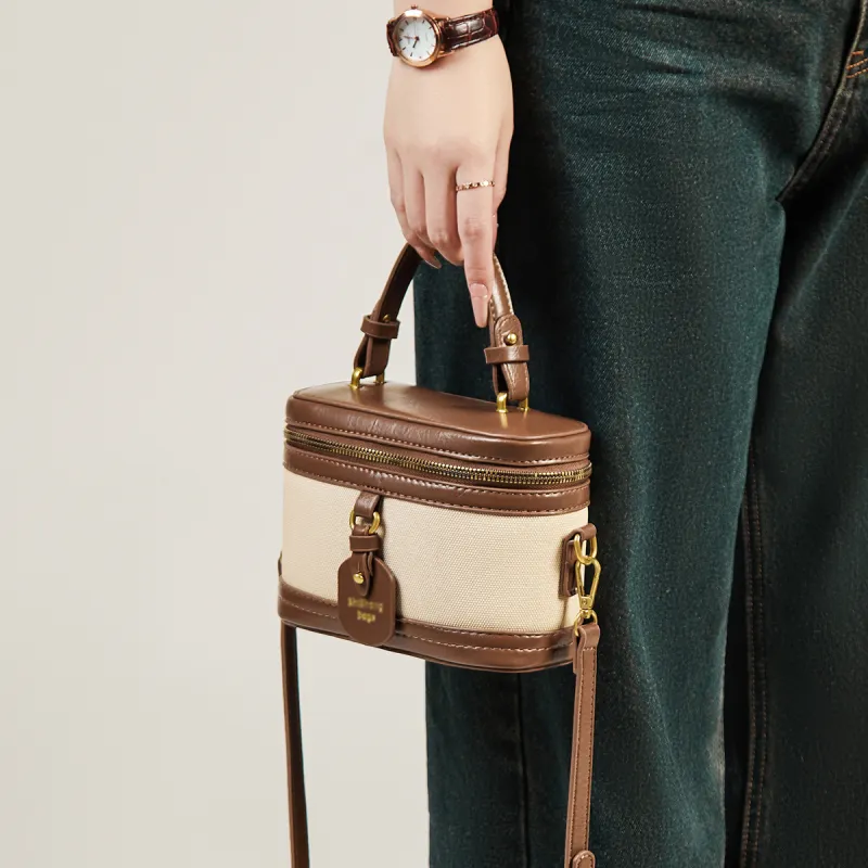 15 MINS Synthetic Leather Box Bag Handbag Crossbody Bag Shoulder Bag Mini Women's Ecru & Coffee/Black/Coffee-2