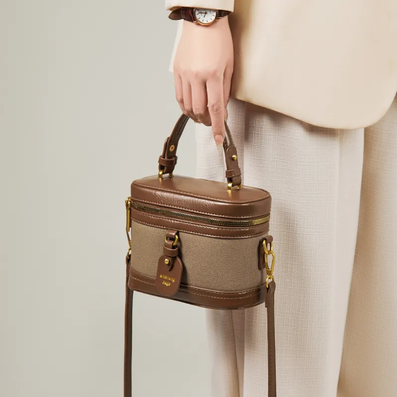 15 MINS Synthetic Leather Box Bag Handbag Crossbody Bag Shoulder Bag Mini Women's Ecru & Coffee/Black/Coffee-10