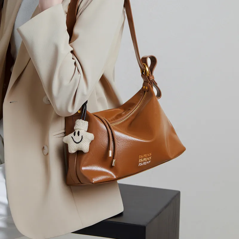 15 MINS Synthetic Leather Shoulder Bag Crossbody Bag Medium Size Women's Macaron Beige/Midnight Black/Ecru-2