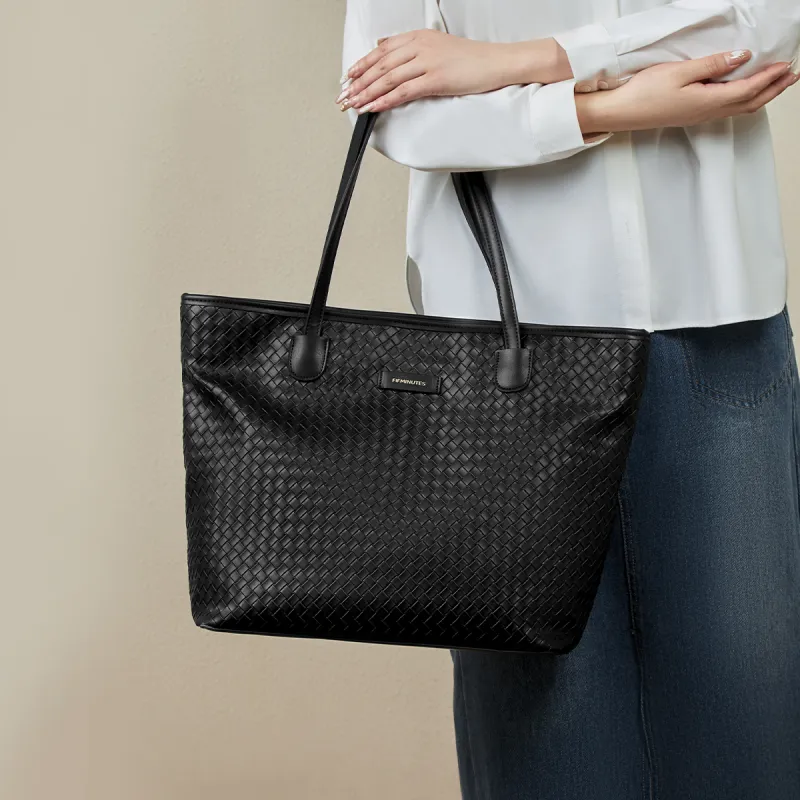 15 MINS Synthetic Leather Shoulder Bag Large Size Women's Midnight Black/Ecru-3