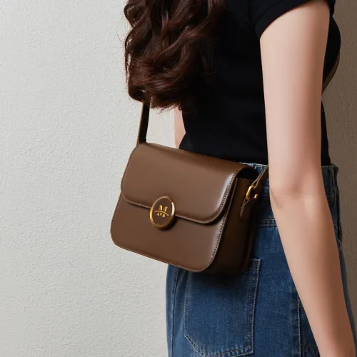 15 MINS Cow Leather Small Square Bag Shoulder Bag Crossbody Bag Small Size Women's Coffee/Ecru/Black