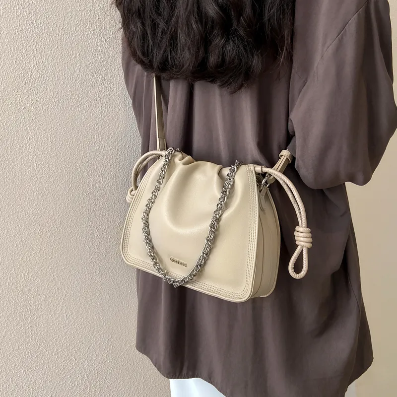 15 MINS Genuine Leather Shoulder Bag Crossbody Bag Cloud Bag Small Size Women's Milk Tea Beige/Caramel Brown-5