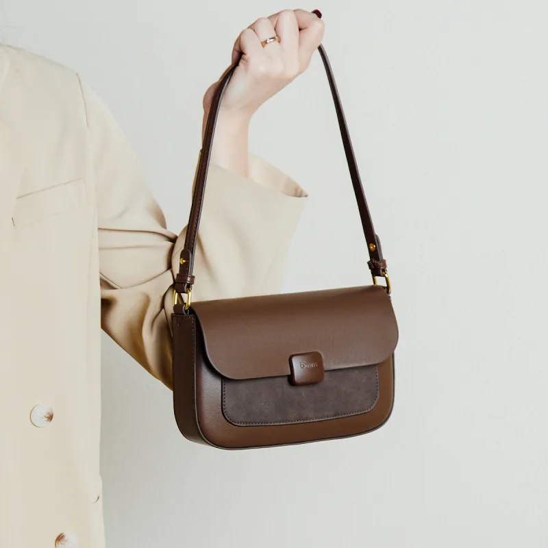 15 MINS Cow Leather Patchwork Synthetic Leather Small Square Bag Shoulder Bag Crossbody Bag Women's Coffee/Ecru-4