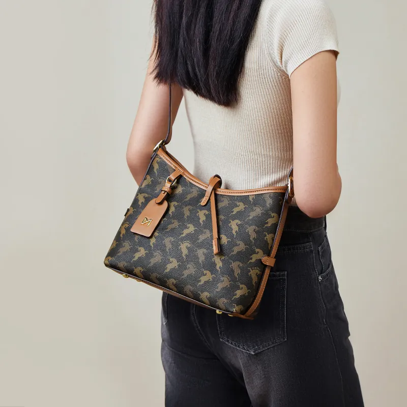 15 MINS Synthetic Leather Shoulder Bag Tote Bag Handbag Medium Size Women's Coffee/Ecru-3