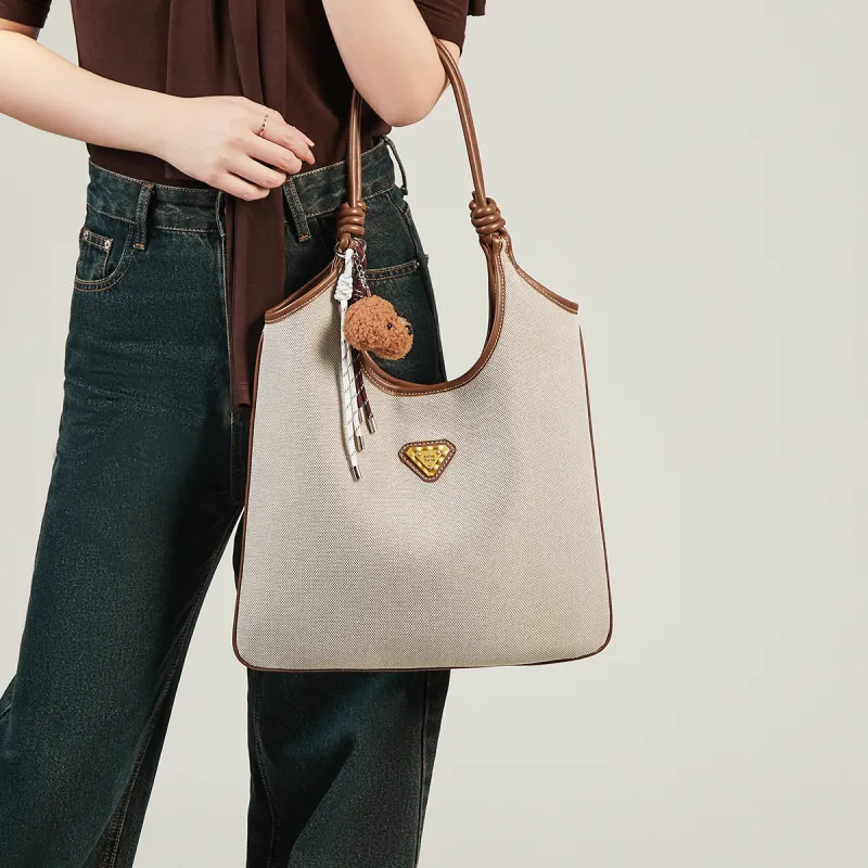 15 MINS Fabric, Synthetic Leather Shoulder Bag Women's White & Brown-1