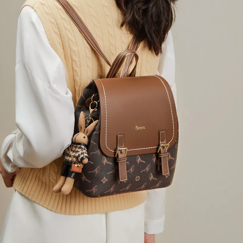 15 MINS PVC Synthetic Leather Monogram Backpack Large Size Women's Coffee-2