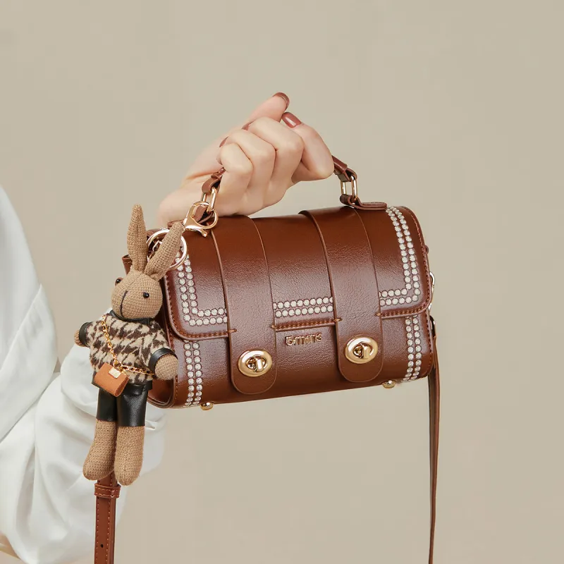 15 MINS Cow Leather Crossbody Bag Handbag Shoulder Bag Small Size Women's Caramel Brown/Night Black-2