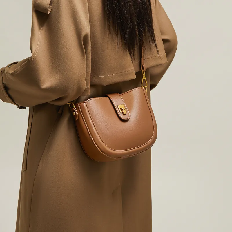 15 MINS Cow Leather Patchwork Synthetic Leather Saddle Bag Shoulder Bag Crossbody Bag Regular Women's Cocoa Brown-2