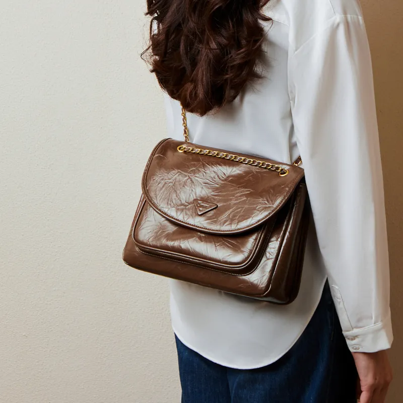 15 MINS Cow Split Leather Synthetic Leather Shoulder Bag Crossbody Bag Large Size Women's Midnight Black/Chestnut Brown-6