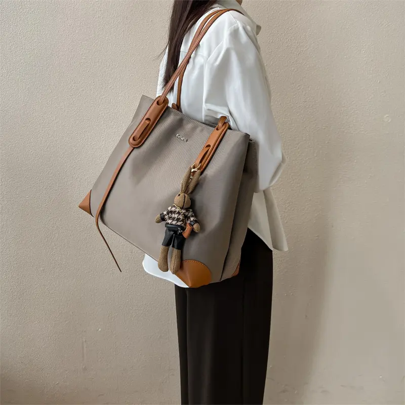 15 MINS Fabric Mom Bag Tote Bag Shoulder Bag Large Size Women's Khaki Brown/Black-2