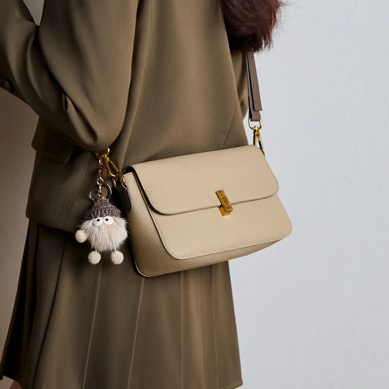 15 MINS Cow Leather Shoulder Bag Crossbody Bag Small Square Bag Regular Women's Cream Apricot-3