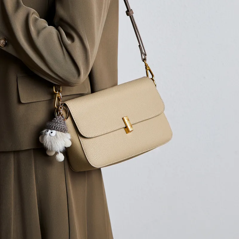 15 MINS Cow Leather Shoulder Bag Crossbody Bag Small Square Bag Regular Women's Cream Apricot-2