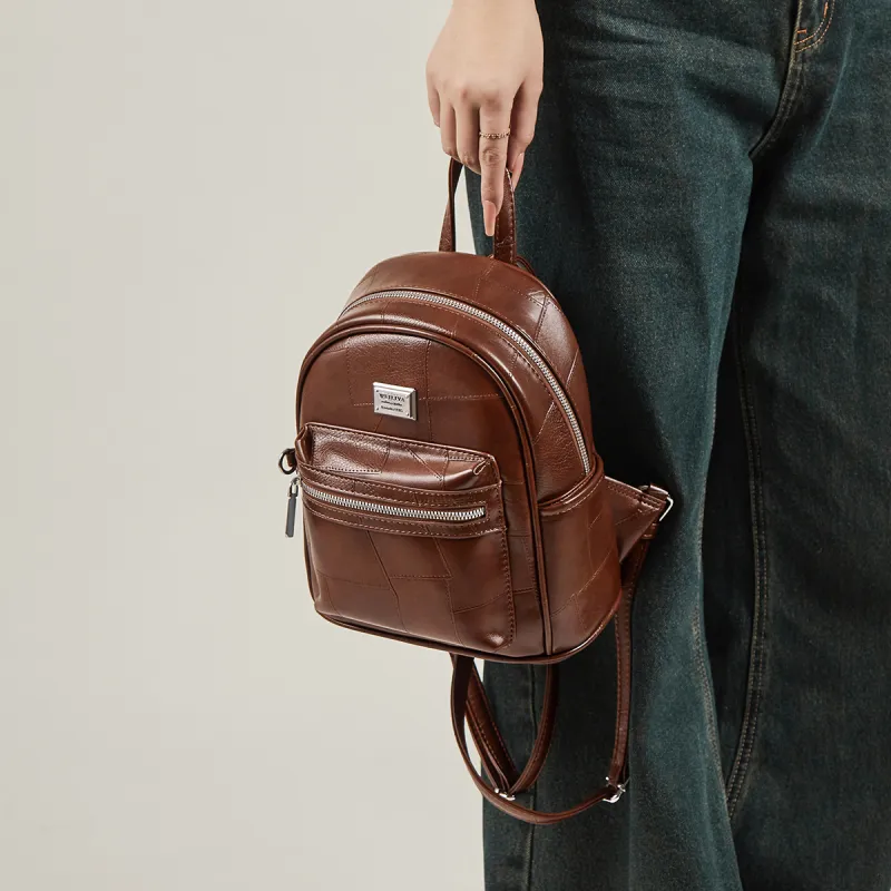 15 MINS Synthetic Leather Laptop Bag Backpack Medium Size Women's Silver/Brown/Black-7