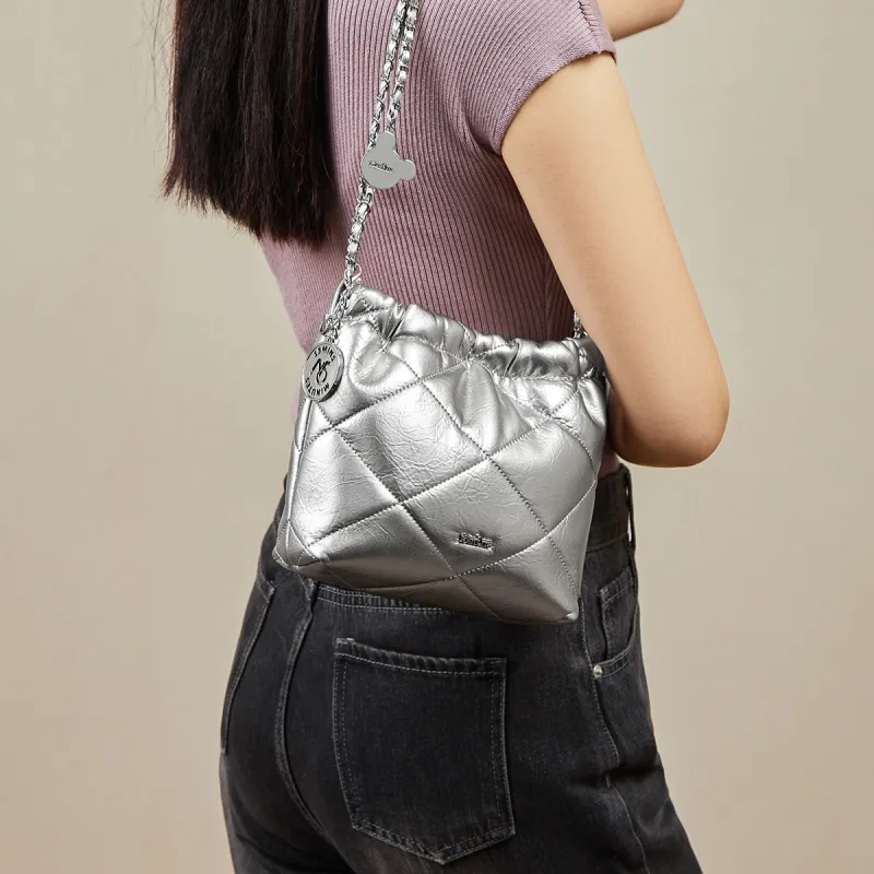 15 MINS Synthetic Leather Bucket Bag Chain Shoulder Bag Regular Women's Space Silver/Ecru/Midnight Black-1