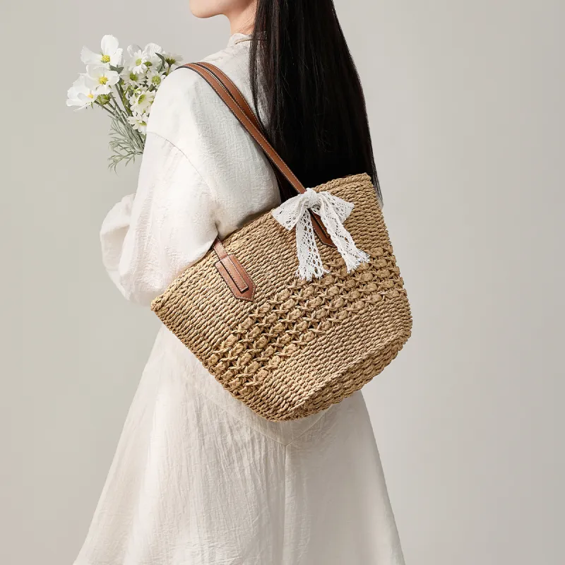 15 MINS Fabric, Synthetic Leather Tote Bag, Shopping Bag, Shoulder Bag Women's Ecru/Khaki-4