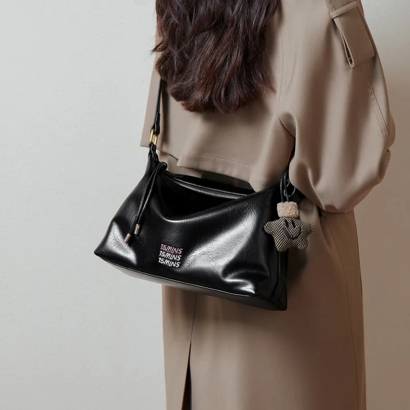 15 MINS Synthetic Leather Shoulder Bag Crossbody Bag Medium Size Women's Macaron Beige/Midnight Black/Ecru-7