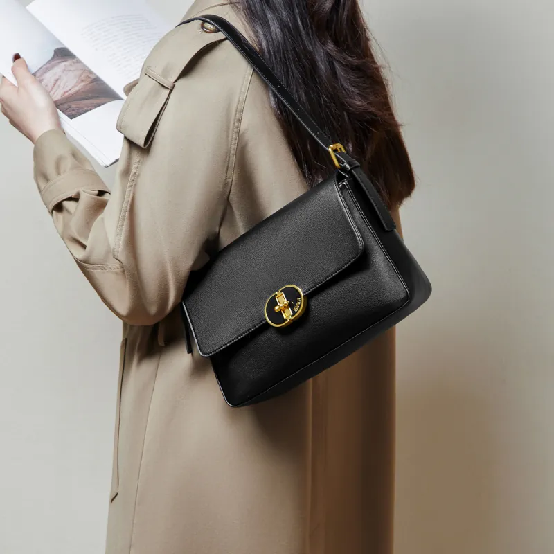 15 MINS Synthetic Leather With Cow Leather Shoulder Bag, Crossbody Bag Small Size Women's Black-2
