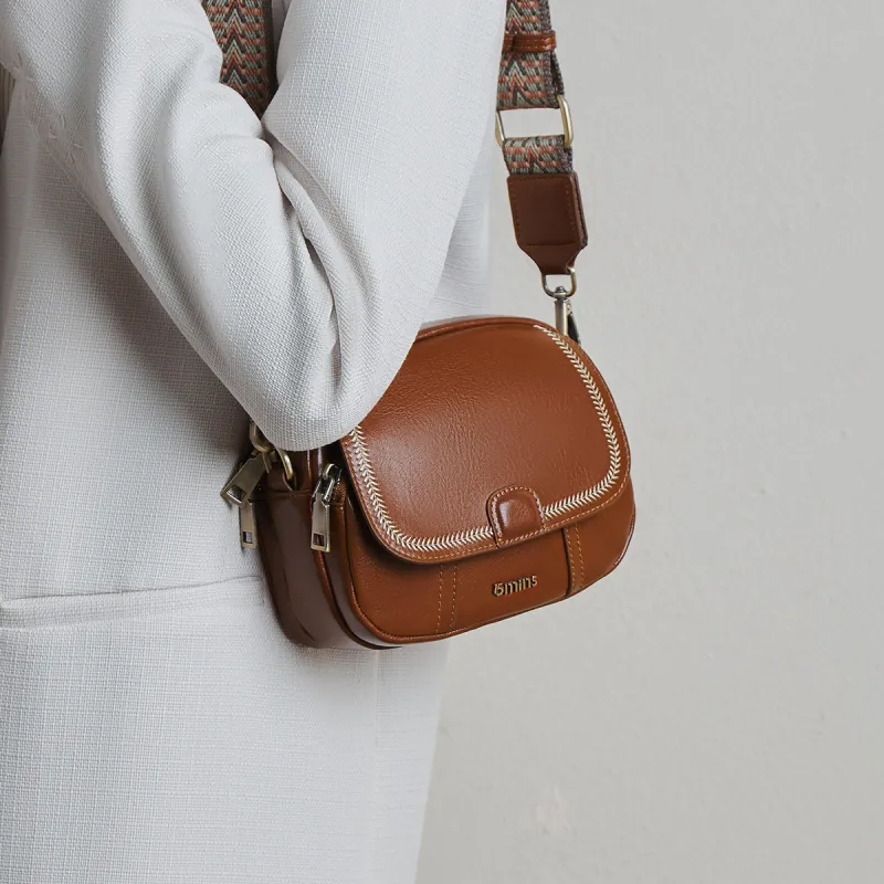15 MINS Cow Leather With Synthetic Leather Small Round Bag, Crossbody Bag, Shoulder Bag Women's Night Black-8